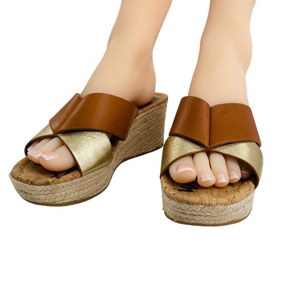 SAM EDELMAN Rora Brown Gold Leather Sandal Slip On Espadrille Wedge 9 - Picture 1 of 11